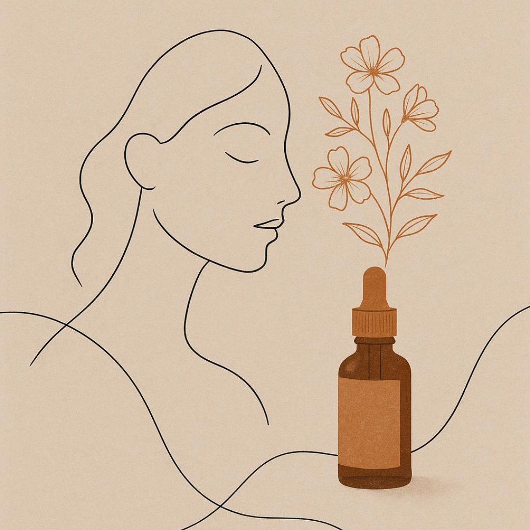 Ilustração de uma mulher de perfil com flores saindo de um frasco de conta-gotas.